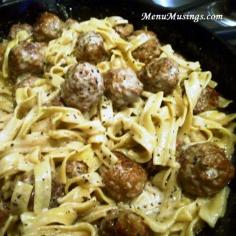 Meatballs Stroganoff - for all of you busy moms who need to get dinner on the table after work in 30 minutes! Step-by-step photo tutorial. I would do nonfat milk with cornstarch to thicken and minus 1/2 cup broth add1/2 cup merlot and use nonfat sour cream and whole wheat noodles or serve over brown rice