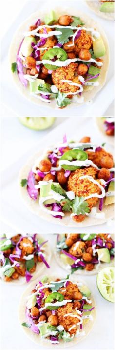 Roasted Cauliflower and Chickpea Tacos with Lime Crema #recipe #veggie #tacos