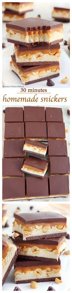 Nougat, peanuts and caramel sandwiched between two chocolate layers, these homemade snickers bars come together in 30 minutes tops! Faster than going to the store to buy some! #dessert #recipes #sweet #recipe #treat