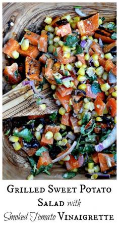 Grilled sweet potato and corn salad with roasted tomato vinaigrette. Perfect springtime or summer salad prepared on the grill!