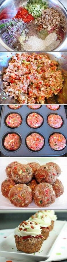 Meatloaf Cupcakes: Frosted w mashed potatoes. Easy flavorful dish, perfect on a buffet. Would do it without the mashed potato "frosting". I just like the idea of individual meatloafs.