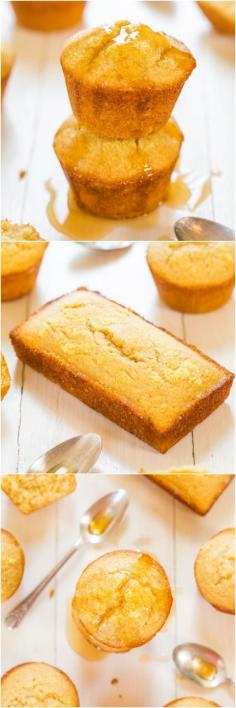 Honey Cornbread Muffins - Finally cornbread that's not dry! Fluffy, moist and sweetened with honey! You'll love this sweet cornbread! #recipe #cornbread