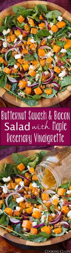 
                    
                        Butternut Squash and Bacon Salad with Maple-Rosemary Vinaigrette - the perfect fall salad! Love all the flavors in this salad!
                    
                