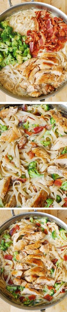 Creamy Broccoli, Chicken Breast, and Bacon Fettuccine Pasta Recipe in homemade Alfredo sauce. Easy, delicious pasta dinner!