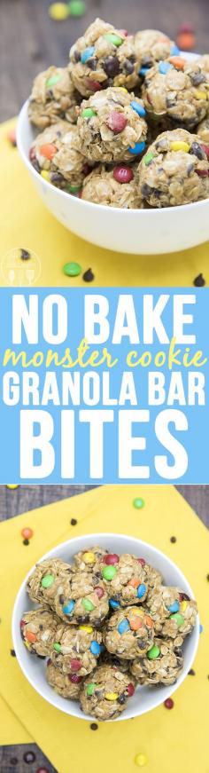 
                        
                            No Bake Monster Cookie Granola Bar Bites - these no bake granola bar bites taste just like monster cookies, without the flour and white sugar. They're perfect for a healthier snack!
                        
                    