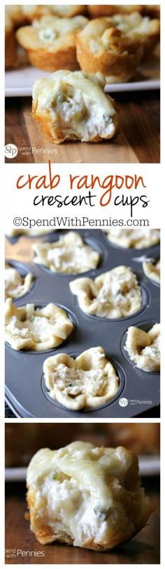 Crab Rangoon Crescent Cups ~ Quick and easy! Delicious flaky cups filled with the best crab and cream cheese filling! Everyone will love these and will be the first thing gone at every party! | easy appetizer recipe