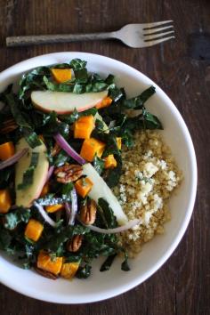 
                        
                            Roasted Butternut Squash and Kale Salad with Pecans, Apples, Quinoa, and Orange-Sage Dressing #healthy #recipe #vegetarian #letthemeatkale
                        
                    