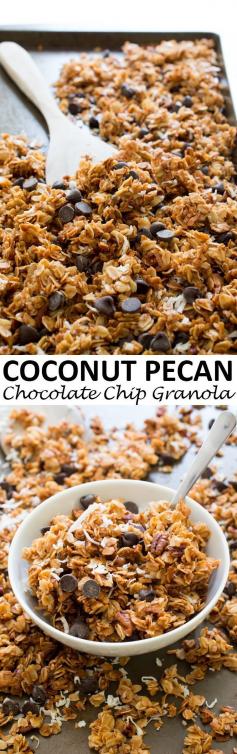 
                        
                            5 Ingredient Coconut Pecan Chocolate Chip Granola. Great for breakfast or as a snack. So much better than store-bought! | chefsavvy.com #recipe #granola #pecan #chocolate #chip #pecan #snack
                        
                    