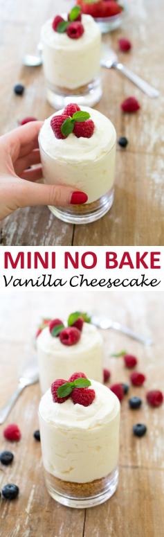 Individual No Bake Vanilla Cheesecake. A super easy no bake dessert that takes less than 15 minutes prep time and only 7 ingredients! | chefsavvy.com #recipe #dessert #cheesecake #nobake