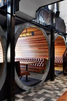 Voyeuristic Playground: Leather upholstery and spotted gum slats create a luxe dining space with personality at the Prahran Hotel #FieldNotes #PrahranHotel #styling #interiordesign #bar #restaurant #eclectic #contemporary #minimalist #leather #upholstery