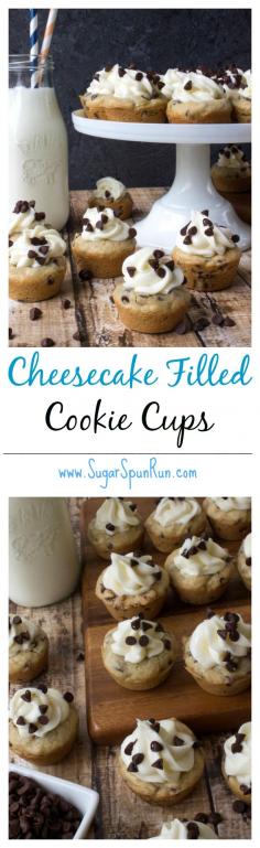 Soft chocolate chip cookie cups filled with easy cream cheese filling  SugarSpunRun.com