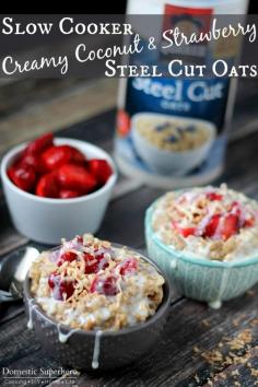 Slow Cooker Creamy Coconut & Strawberry Steel Cut Oats - this is the perfect breakfast!! #MyOatsCreation#spon