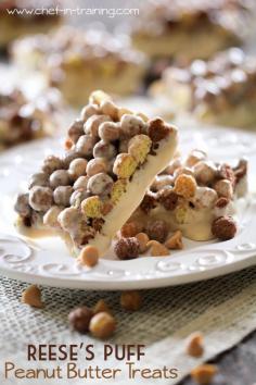 Reeses Puff Peanut Butter Treats from http://chef-in-training.com ...These are just like the Lucky Charms Treats, only perfected for a peanut-butter/chocolate lover! These are DELISH!