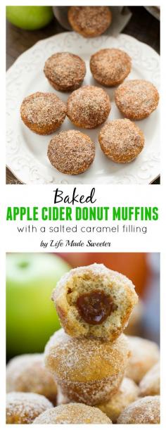 
                    
                        Apple Cider Donut Muffins with a Salted Caramel Filling are so easy to whip up and make the perfect fall treats.  They're loaded with apple cider, cinnamon sugar and salted caramel in a poppable bite.: Apple Cider Donut Muffins with a Salted Caramel Filling are so easy to whip up and make the perfect fall treats.  They're loaded with apple cider, cinnamon sugar and salted caramel in a poppable bite.
                    
                