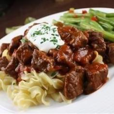 Hungarian Goulash- I toss the cubed meat in some flour before sauteeing it to help thicken it a little bit. Use 1 tsp. of salt, add more later if needed. This would work as a great crock pot meal too, save the time of satueeing everything and just dump and go.