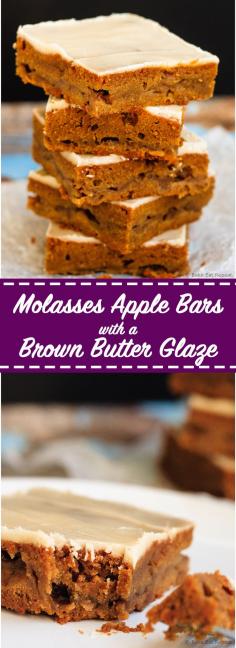 
                        
                            Molasses Apple Bars with a Brown Butter Glaze - Chewy molasses apple bars filled with warm spices and topped with a divine brown butter glaze. These bars are the perfect fall treat!:
                        
                    