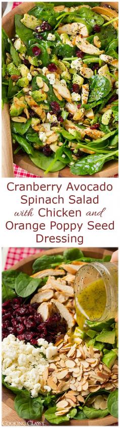 Heres a good salad idea for the shower!! Sounds so good  Cranberry Avocado Spinach Salad with Chicken and Orange Poppy Seed Dressing - this flavorful salad is one of my new favorites! LOVED it!!