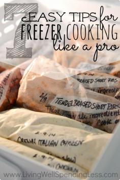 There is nothing quite as reassuring to a busy mom as knowing you have a freezer full of delicious meals ready to get you through a hectic week.  If you've been wanting to try freezer cooking but don't even know where to begin, you will not want to miss these 7 awesome tips for freezer cooking like a pro.  #4 changed my life!  INSIDE THIS PIN IS A BLOG ... CLICK ON EASY RECIPES TAB  AND THEN CLICK ON THE 10 RECIPES CATEGORY....for complete instructions for creatijg 10 freezer meals from 5 recipes