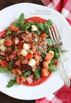 Naked Turkey Bruschetta Burger – Lean, delicious, juicy turkey burgers made with zucchini and topped with a summer garden tomato bruschetta topping over a bed of baby arugula (use quinoa instead of bread crumbs in burger)
