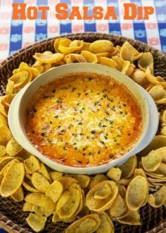 Hot Salsa Dip - baked cream cheese, cheddar and salsa - great for tailgating and parties!