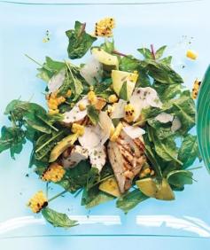 real simple recipe: roasted corn, chicken, spinach and avocado salad