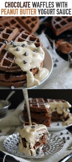 Chocolate waffles with peanut butter sauce - #recipe