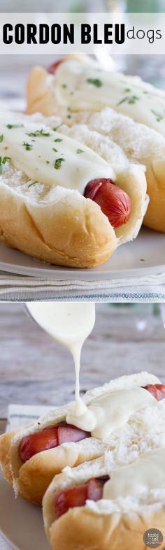 Cordon Bleu dogs have hot dogs wrapped in ham and then topped with a creamy Dijon cheese sauce.