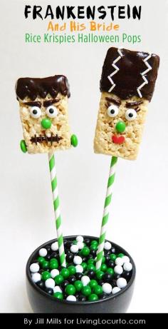 How to make Frankenstein and his Bride Rice Krispies Treat Pops! An Easy and Fun food Halloween Party Idea and edible craft activity for kids.