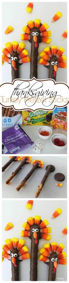 Turkey Pretzels - Thanksgiving Kids Food Craft usingh chocolatge, candy corn and pretzels on Frugal Coupon Living.