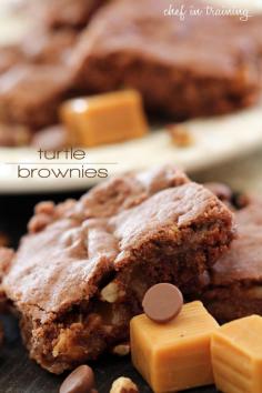 Turtle Brownies 1 box chocolate cake mix 3/4 cup butter melted (add more as needed) 2/3 cup evaporated milk, divided 12 oz. bag caramel cubes unwrapped approx. 44 caramels 2/3 cup milk chocolate chips 2/3 cup coarsely chopped pecans