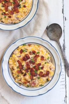 
                    
                        You must try this easy, mouthwatering side dish! Creamy, cheesy corn casserole hot out of the oven with tons of crispy bacon! | LoveGrowsWild.com
                    
                