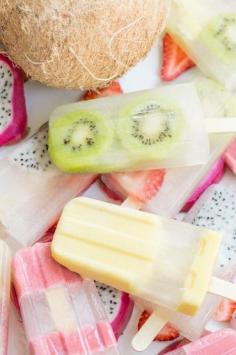 fruit & coconut popsicles - these are coconut water with fruit slices, and fruit blended with coconut water/milk layered with coconut water