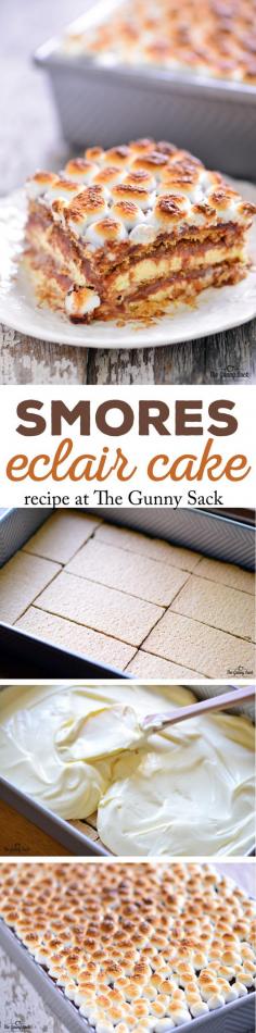 This easy to make No Bake Smores Eclair Cake recipe has luscious layers of graham crackers, vanilla pudding and chocolate topped with toasted marshmallows.