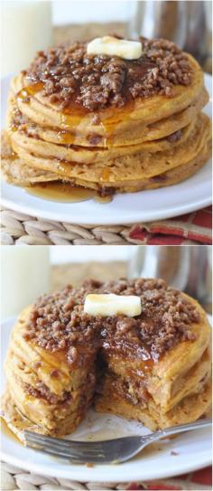 Pumpkin Cinnamon Streusel Pancake Recipe on https://twopeasandtheirpod.com The BEST pumpkin pancakes! #pumpkin #breakfast #recipe #brunch #easy #recipes