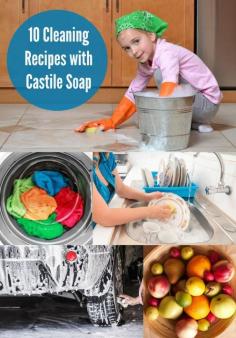 Did you know that you can use Castile soap to clean nearly EVERYTHING in your home? It's an awesome non-toxic cleaner! Here are 10 recipes you'll want to keep on file. Pin for reference!