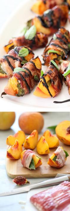 bacon basil peaches with thick balsamic drizzle