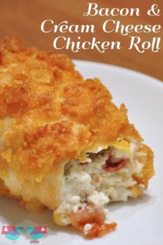 I would use bbq potato chips instead of corn flakes I think. Cream Cheese and Bacon Chicken Rolls - Enjoy a delicious dinner with this Cream Cheese and Bacon Chicken Roll Up recipe! The crispy outside makes it even better! {The Love Nerds} #dinnerrecipe #chickenrecipe #chickenroll