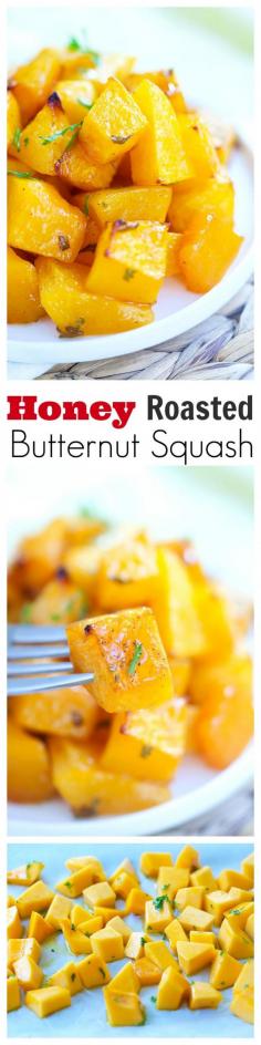 The most delicious roasted butternut squash recipe with butter and honey. Easy recipe and everyone loves this side dish | rasamalaysia.com coconut oil instead of butter