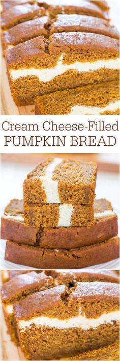 Cream Cheese Filled Pumpkin Bread - Pumpkin bread that's like having cheesecake baked in! Soft, fluffy, easy and tastes ahhhh-mazing!