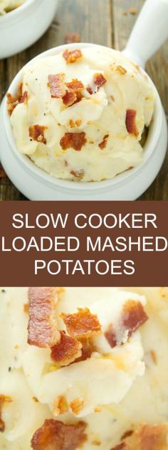 Slow Cooker Loaded Mashed Potatoes - Fluffy mashed potatoes with cream cheese as an easy side dish! Make mashed potatoes in crockpot and get on with the rest of your day. Come home at night to these oh so delicious mashed potatoes with sour cream. It’s one of the best mashed potato recipes out there!