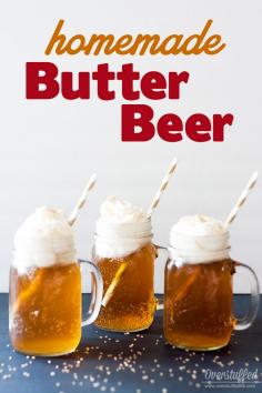 Easy recipe for Harry Potter Homemade Butter Beer. Also includes some fun ideas for a Harry Potter themed party!