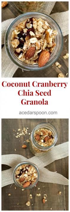 Coconut Cranberry Chia Seed Granola is simple to make with oats, coconut, dried cranberries, chia seeds, almonds and coconut oil.  This makes a great breakfast with yogurt and fresh fruit or a snack while you are on the go. // A Cedar Spoon