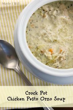 Crock Pot Chicken Pesto Orzo Soup! It's Super Yummy & Healthy! My kids gobbled it up! #healthyeats #soup www.maybeiwill.com