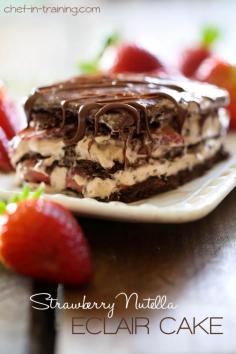 No-Bake Strawberry Nutella Eclair Cake | Chef in Training (doubled the icing, only needed one box of graham crackers, used an 8 oz. tub of Cool Whip)