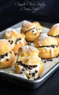 Cannoli Choux Pastry (Cream Puffs). Delicate pâte à choux pastry make with a touch of orange zest for enhanced flavor and filled with Cannoli cream. It's also topped with some mini chocolate morsels and powder sugar for that perfect touch. | from willcookforsmiles.com