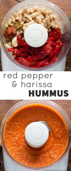 
                        
                            Roasted red peppers, harissa paste, white beans and garlic make this 5-minute dip the tastiest 'hummus' you've ever eaten! Denise | Sweet Peas & Saffron
                        
                    