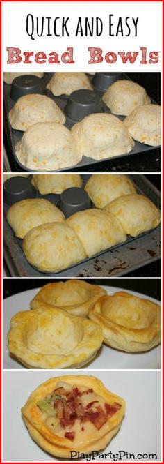 Make quick bread bowls by cooking refrigerated biscuit or crescent roll dough over back of muffin tin- playpartypin.com #recipes #cooking #bread