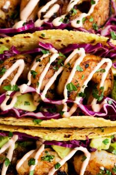 Honey Lime Tequila Shrimp Tacos with Avocado, Purple Slaw and Chipotle Crema by julie