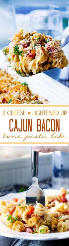 
                    
                        15 MINUTE PREP Cajun Bacon Tuna Pasta Bake (aka tuna casserole) is cheesy, flavorful and perfect for those busy nights WITHOUT all the guilt!
                    
                