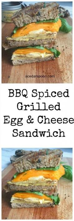 BBQ Spiced Grilled Egg and Cheese Sandwich is a quick and easy toasted sandwich using your favorite BBQ rub that is mixed with two eggs then fried, fresh basil, and cheddar cheese. This sandwich offers protein making this a go-to sandwich on the weekend after a morning of yard work, riding bikes or mowing the lawn. // A Cedar Spoon